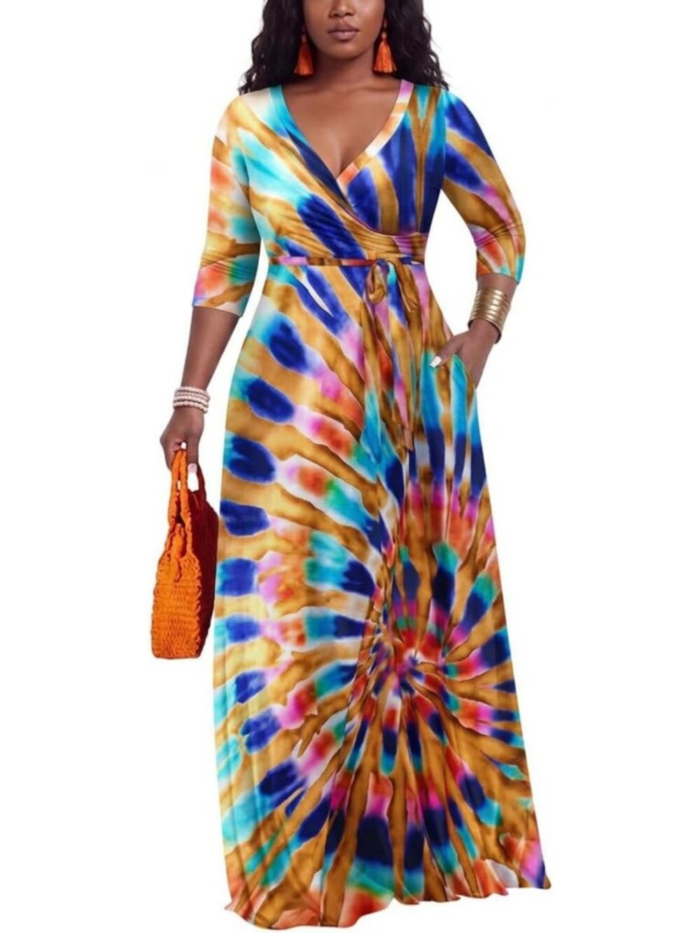 Casual Tie Dye Print Maxi Dress for Women | 3/4 Sleeve V Neck, Flowy & Stylish